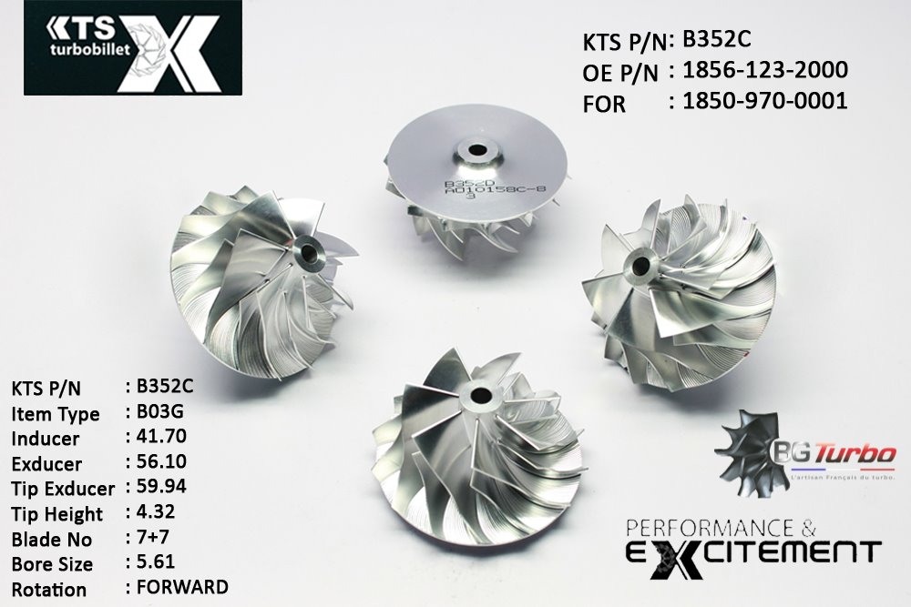 Turbo ROUE FORGÉE MFS PERFORMANCE - 7+7 PALES - INDUCER : 41,7 - EXDUCER : 56,1 - TYPE : B03GANGLE : 45° - ROTATION : Forward - SUPER BACK : 4,05 - BORE SIZE : 5,61
